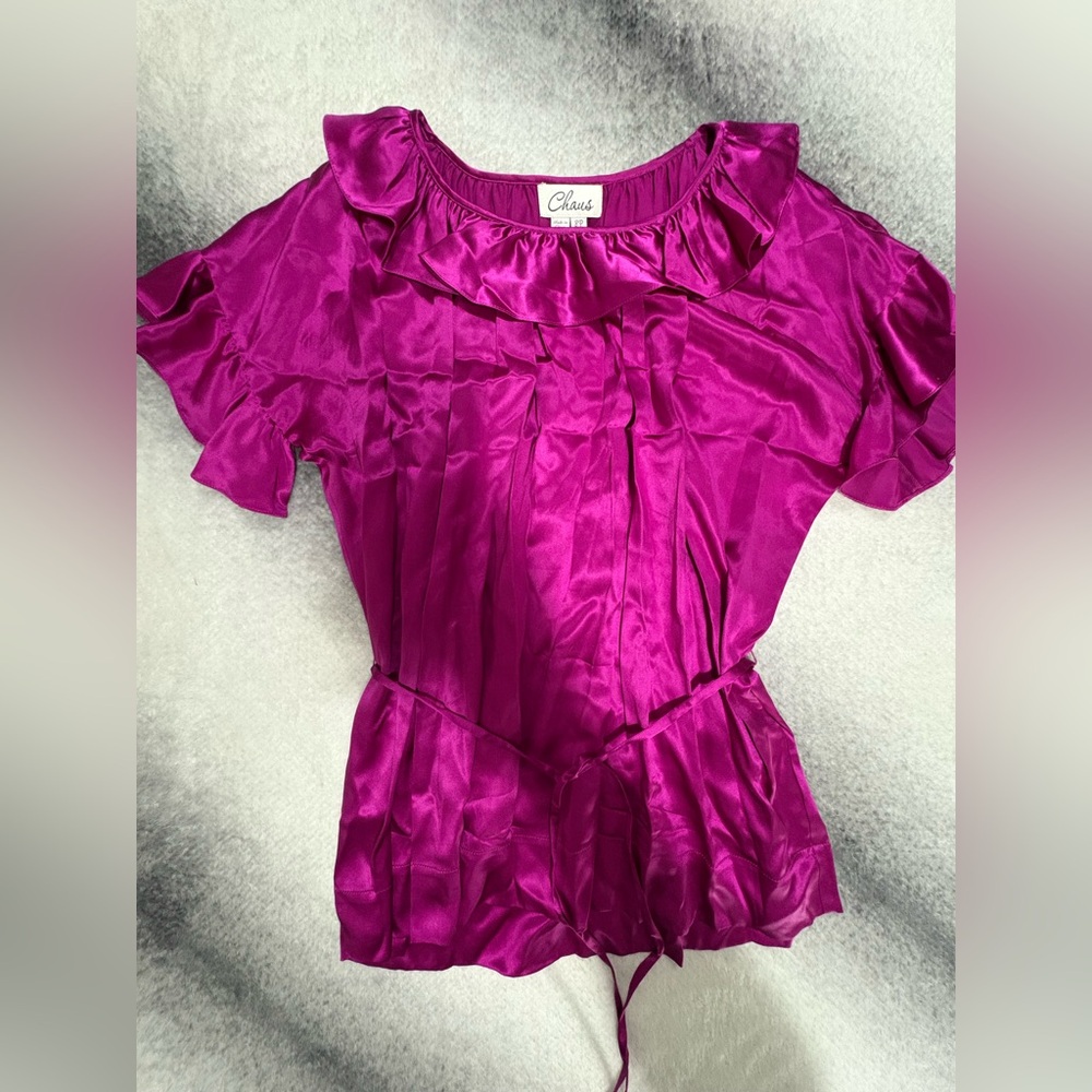 Chaus Magenta Pink Ruffle Tie Waist Dainty Silk Blouse Top Shirt‎ 8 Petite